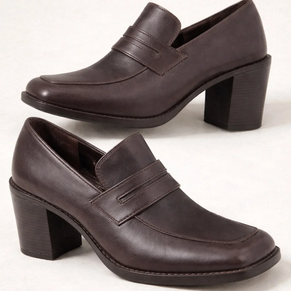 Steve Madden Brown Leather Penny Loafer Heel Shoes y2k Size 8.5